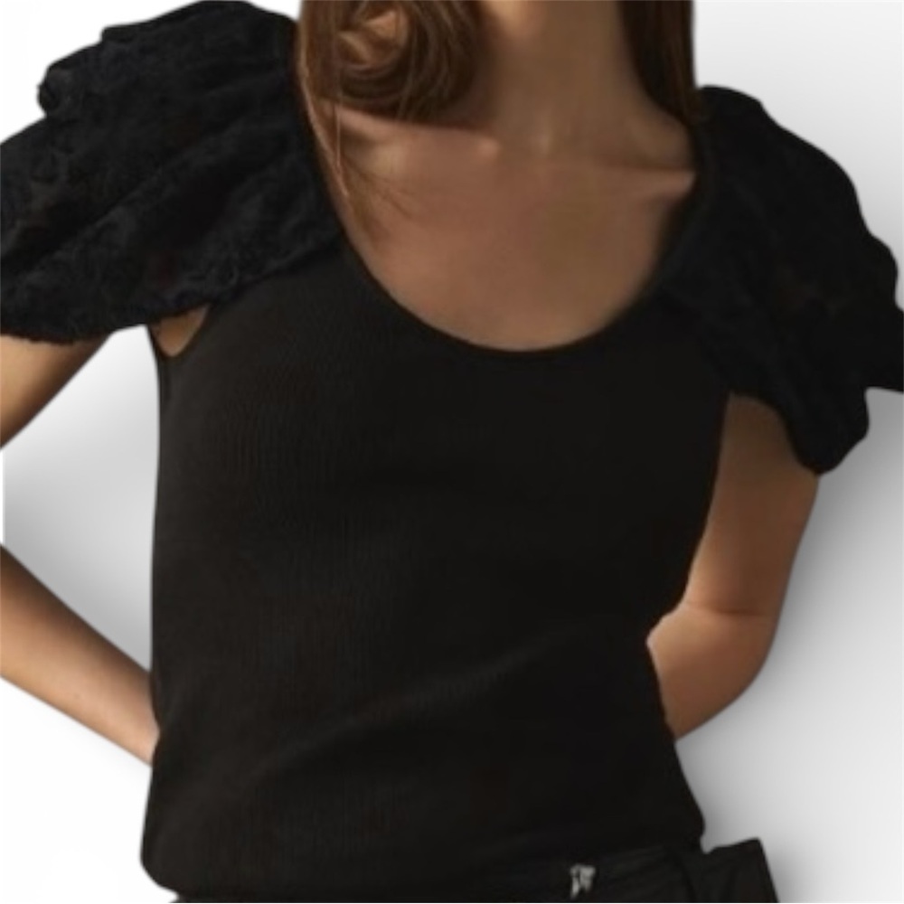 Maeve By Anthropologie Black Puff Draped Sleeve Top with Ribbed Body Sz S